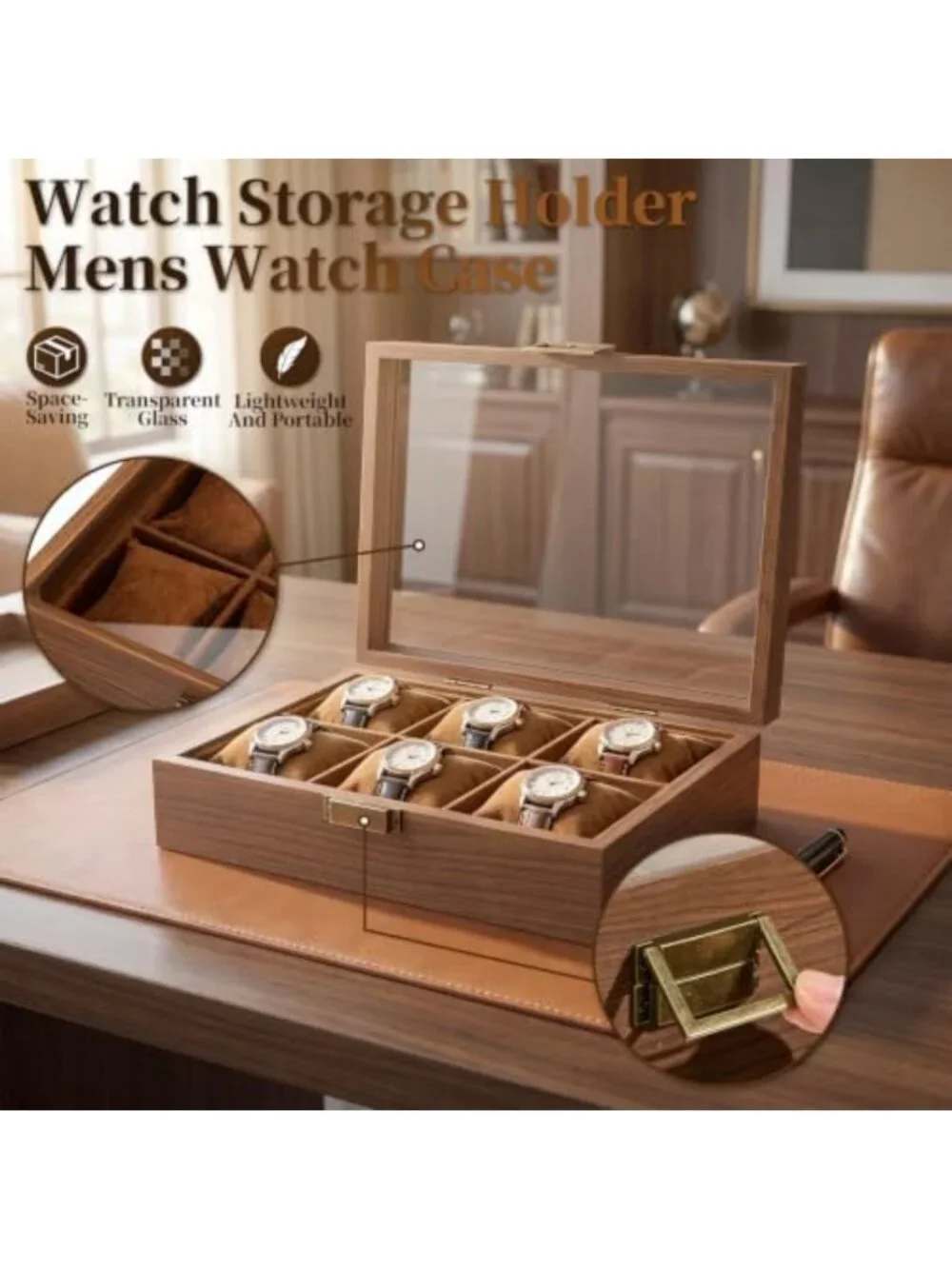 Stylish 6-Slot Wooden Watch Box with Glass Lid - Perfect Gift for Watch Lovers